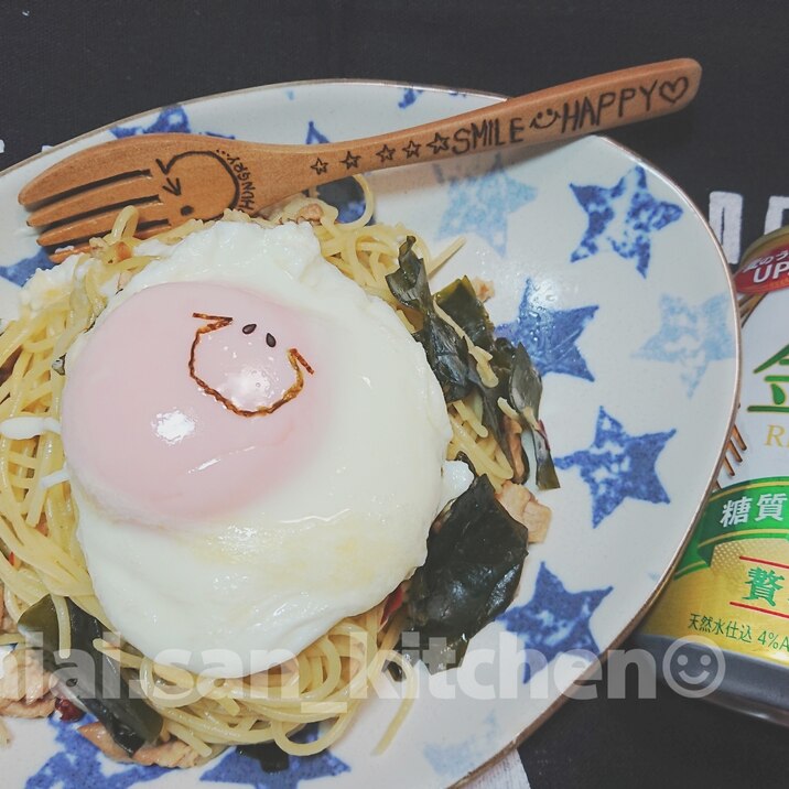 【パスタ】簡単夕飯 ワカメと豚肉のガーリックパスタ